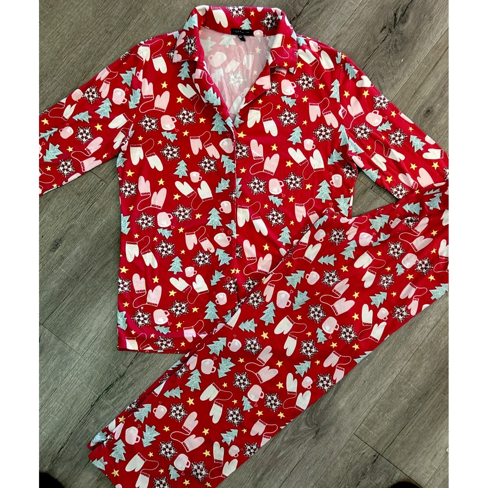 TART Pajamas Size Small Red Mittens Snowflakes Hot Chocolate Excellent Condition